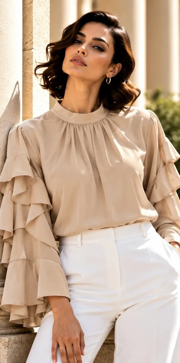 Champagne Cascade – Satin Ruffle-Sleeve Top
