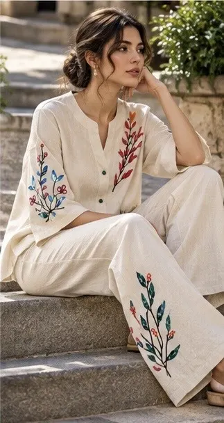 Botanical Reverie – Jute Linen Embroidered Co-ord Set