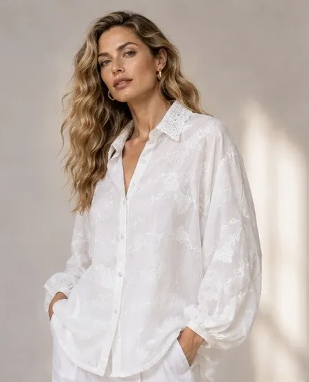 Lace trimmed collared everyday-luxury shirt