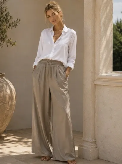 Sandstone Fluid Wide-Leg Trousers