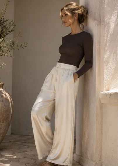 Pearl Drape Wide-Leg Trousers