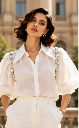 Ivory Crystal Shoulder Puff Blouse